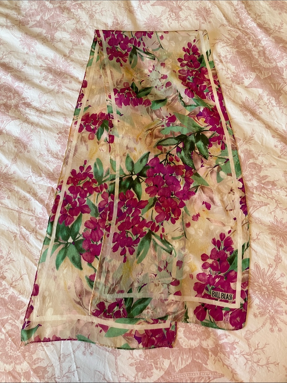 Vintage Bill Blass narrow oblong scarf, pink & green floral